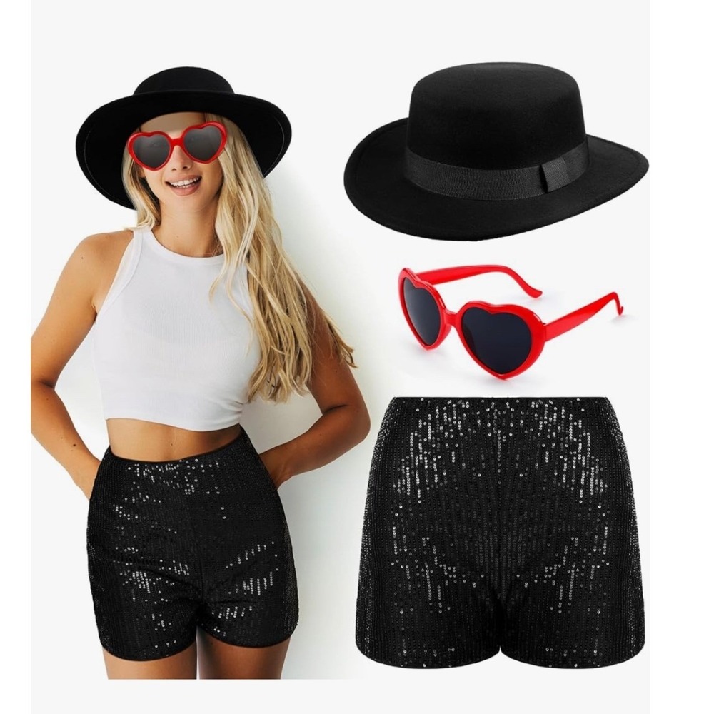 Women 3 Pcs Halloween Singer Costume Hat Sunglasses Shorts TS Inspired